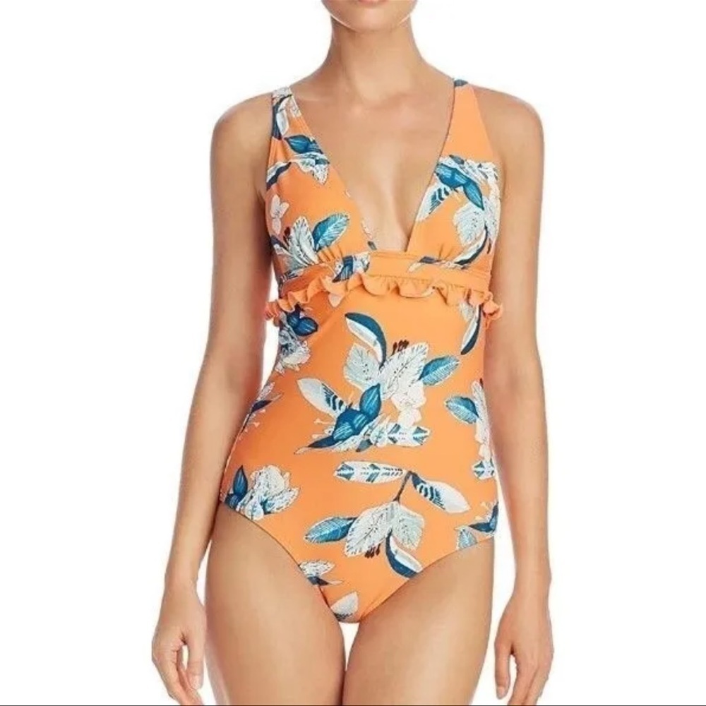 MINKPINK Orange Enchanted Forest Frill Floral One-Piece Swimsuit Size Small - Picture 2 of 16